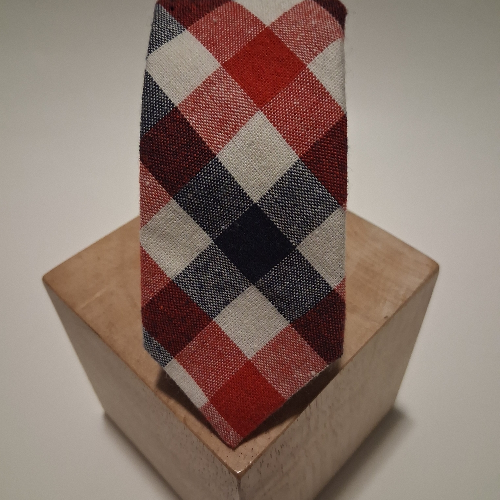 Skinny Tie Madness Red, Navy & White Check Plaid Tie